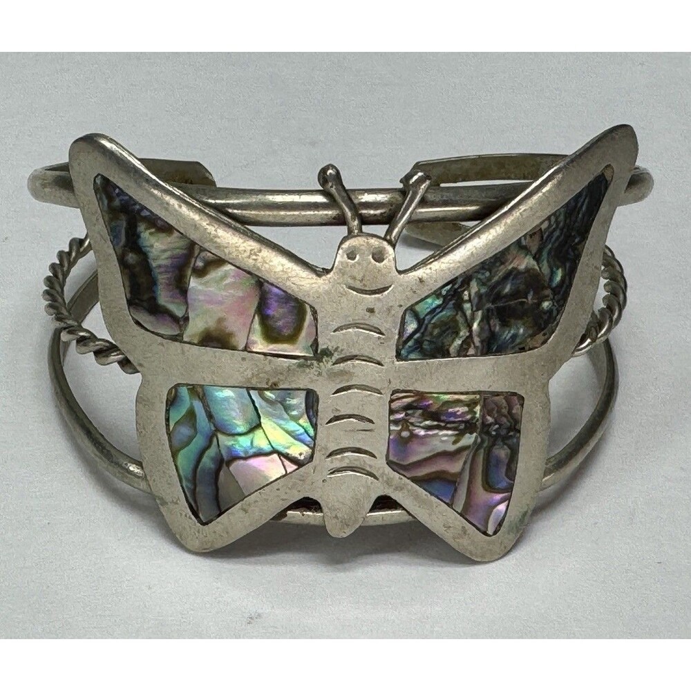 VTG Mexico Alpaca Silver Abalone Inlay Butterfly Cuff Bracelet Southwestern Boho